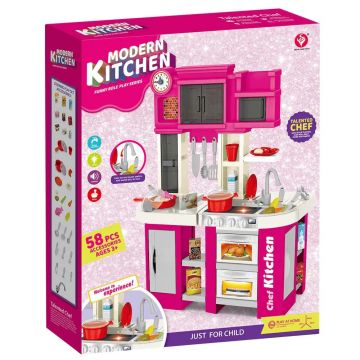 Set de joaca bucatarie cu functii realiste si accesorii Modern Kitchen Roz 58 piese